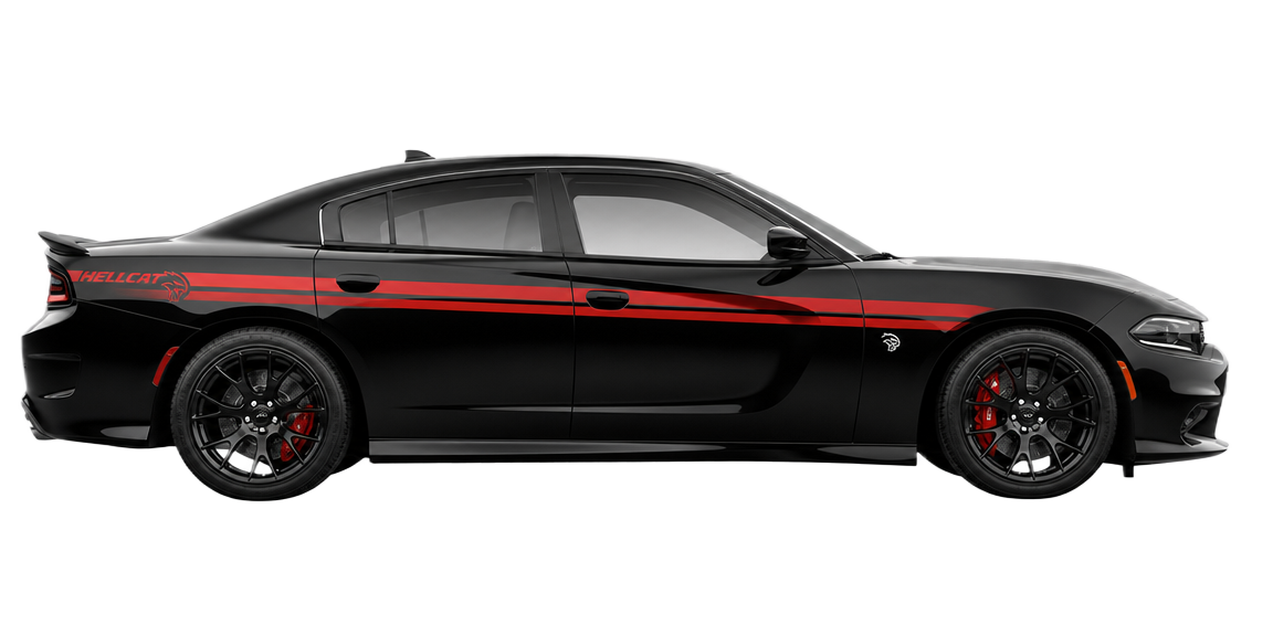 Black Dodge Charger SRT Hellcat with red racing stripes