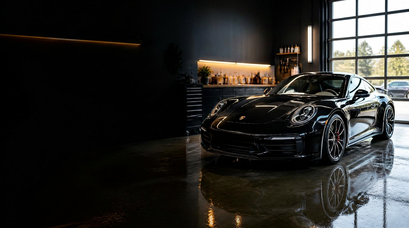 Detailing bay with a sports car under amber light